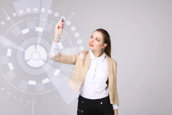 Future technology. Woman working with futuristic interface — Stock Photo, Image