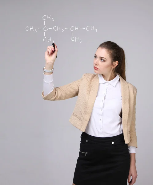 La mujer química muestra una estructura molecular —  Fotos de Stock