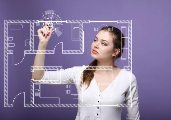 Vrouwelijke architect werken met een virtueel appartement plan — Stockfoto