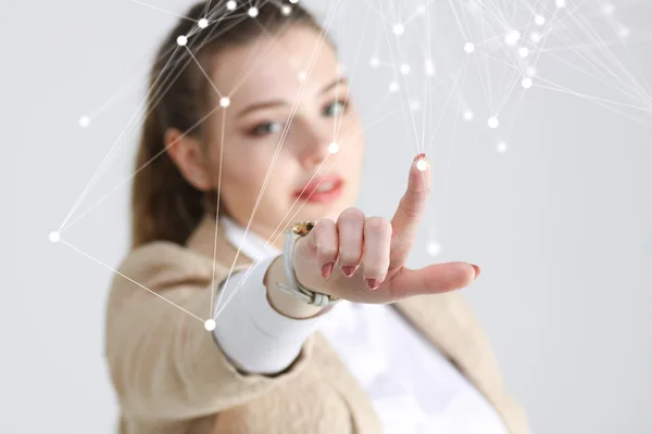 Global network connection concept, woman working with futuristic interface. — Stock Photo, Image