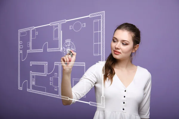 Vrouwelijke architect werken met een virtueel appartement plan — Stockfoto