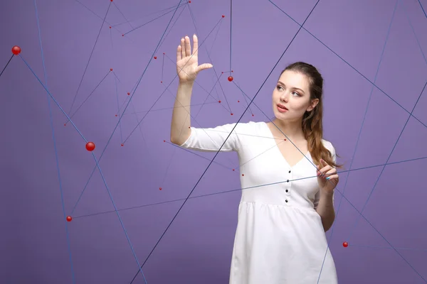 Young girl working with virtual screen — Stock Photo, Image