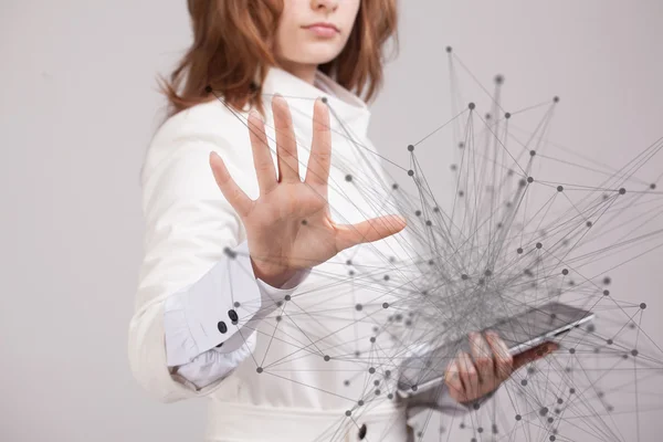 Global network connection concept, woman working with futuristic interface. — Stock Photo, Image