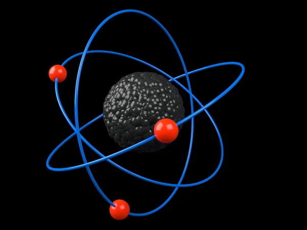 Model atom pada latar belakang hitam, 3D — Stok Foto