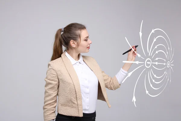 Mujer joven, profesora de física dibuja un diagrama del campo eléctrico —  Fotos de Stock