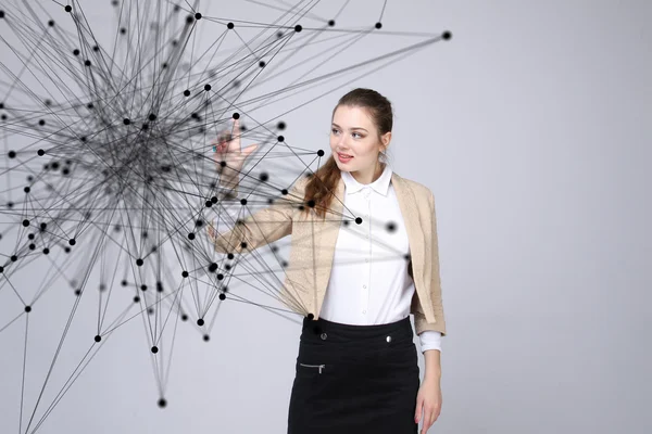 Global network connection concept, woman working with futuristic interface.