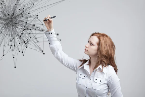 Global network connection concept, woman working with futuristic interface. — Stock Photo, Image