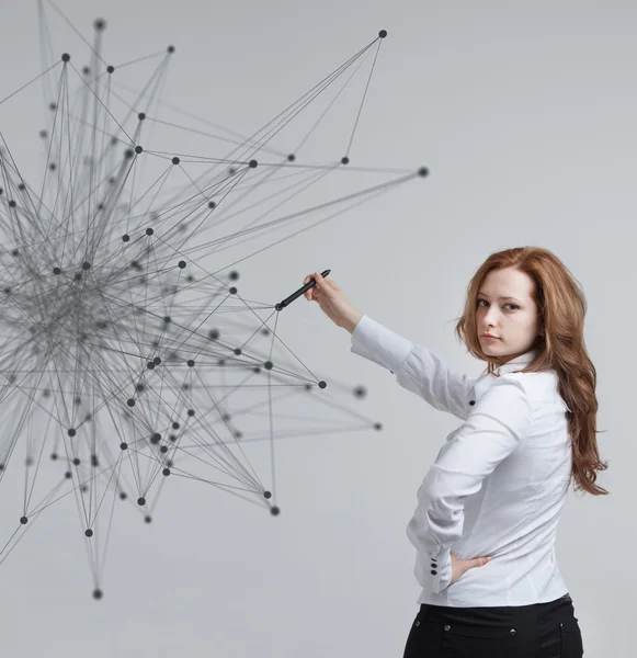 Concept de connexion réseau mondial, femme travaillant avec une interface futuriste . — Photo