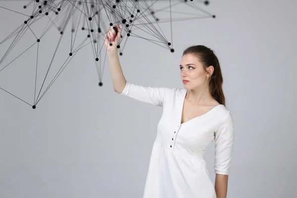 Concepto de conexión de red global, mujer que trabaja con interfaz futurista . — Foto de Stock