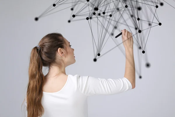 Globalt nätverk anslutning koncept, kvinna som arbetar med futuristiska gränssnitt. — Stockfoto