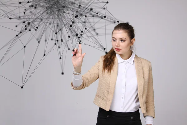 Conceito de conexão de rede global, mulher trabalhando com interface futurista . — Fotografia de Stock