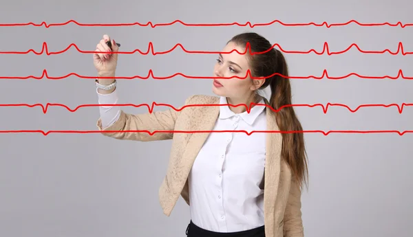 Doktor kvinna och elektrokardiogram linjer — Stockfoto