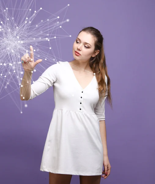 Global network concept, woman working with futuristic computer interface. — Stock Photo, Image