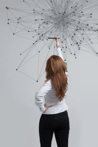 Global network connection concept, woman working with futuristic computer interface. — Stock Photo, Image