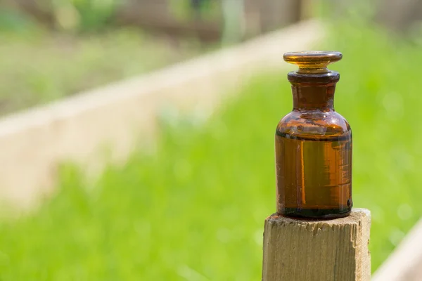 Pequeña botella marrón y hierba — Foto de Stock