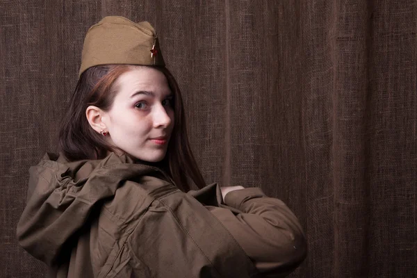 Woman in Russian military uniform. Female soldier during the second world war. — Stock Photo, Image