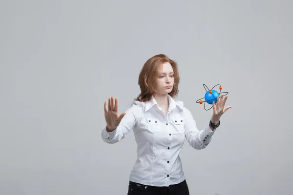 Woman scientist with atom model, research concept — Stock Photo, Image