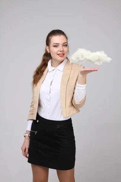 Young woman holding tablet and cloud, cloud computing concept — Stock Photo, Image