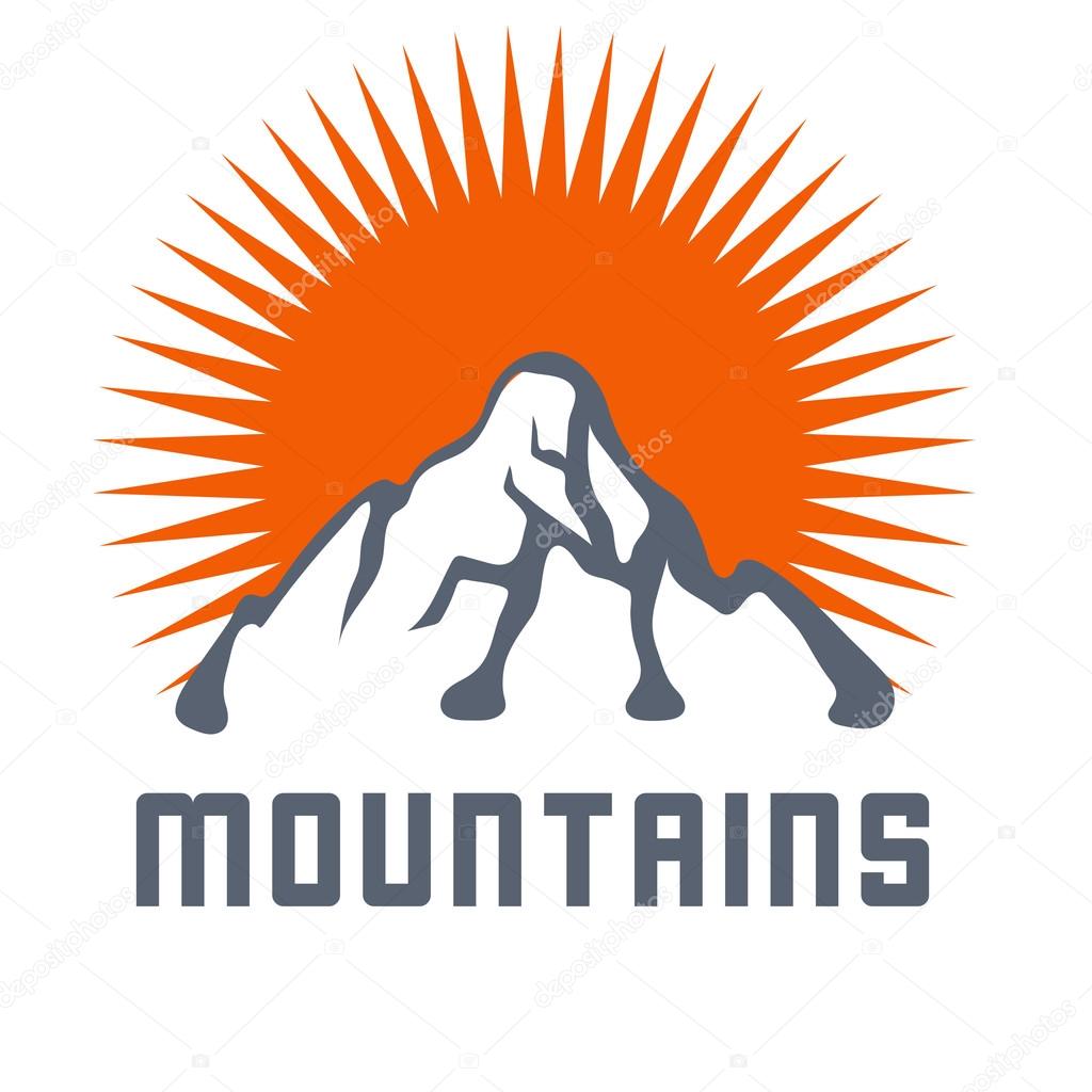Mountain lanscape logo with suns rays, vector icon illustration