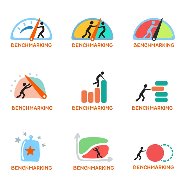 Logo du concept d'analyse comparative, ensemble d'icônes vectorielles — Image vectorielle