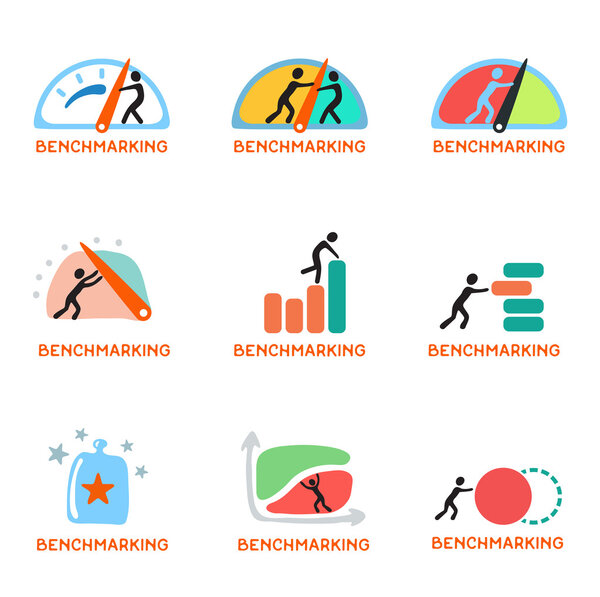 Концепция бенчмаркинга, набор векторных значков
