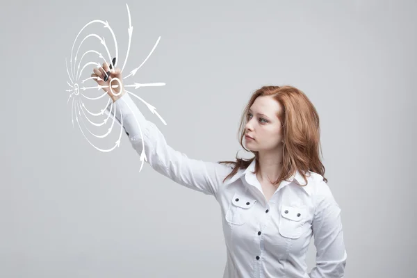 Mujer joven, profesora de física dibuja un diagrama del campo eléctrico — Foto de Stock
