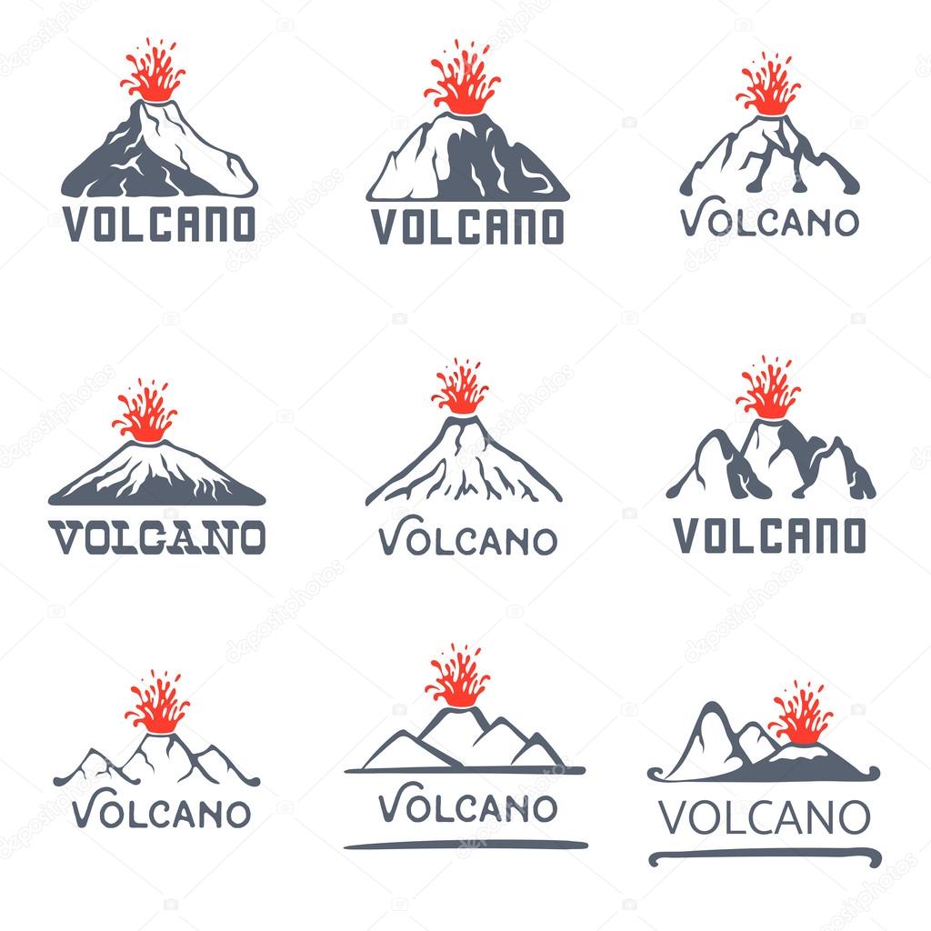 Volcano eruption vector logo set. Volcanic activity illustration.