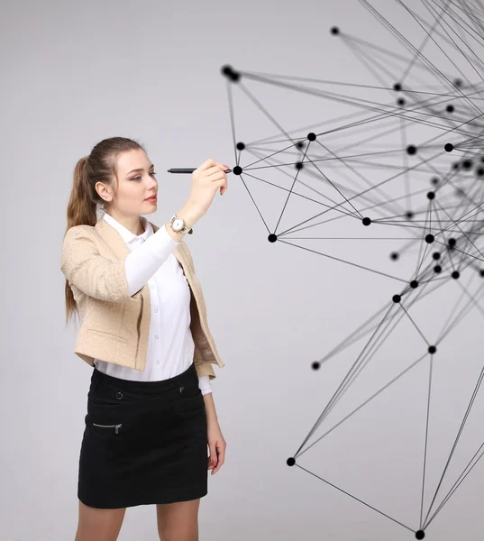 Concepto futurista de red mundial o conexión inalámbrica a Internet. Mujer trabajando con puntos vinculados . —  Fotos de Stock