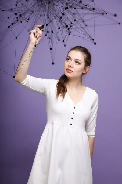 Worldwide network or wireless internet connection futuristic concept. Woman working with linked dots. — Stock Photo, Image