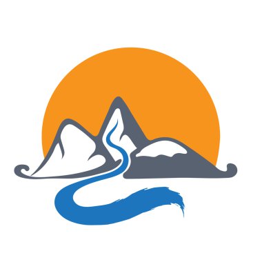 Dağ nehir ve güneş, vektör logo çizim.