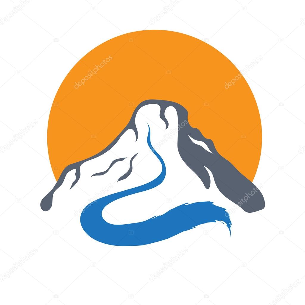 Mountain river or stream and sun logo, vector icon illustration.