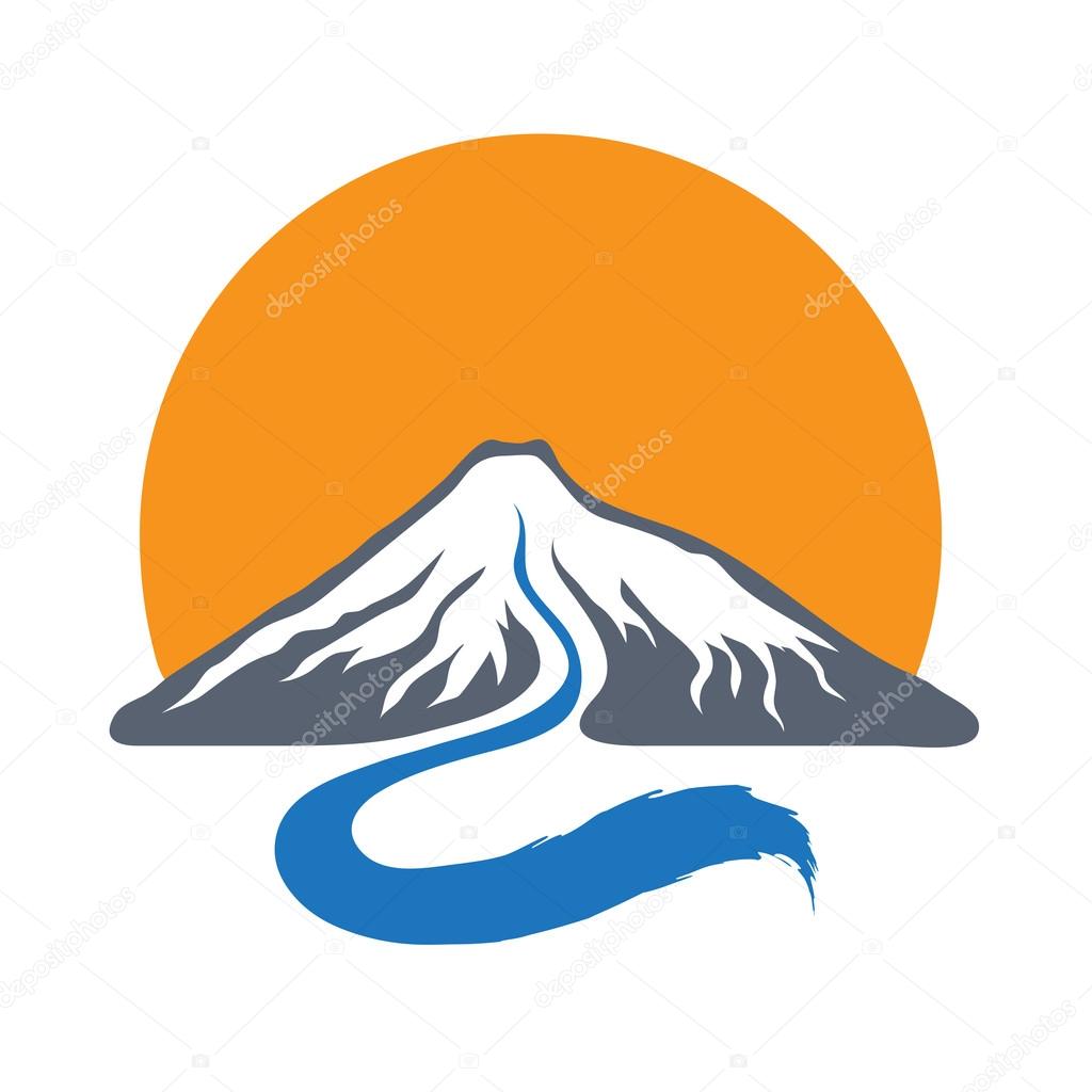 Mountain river or stream and sun logo, vector icon illustration.