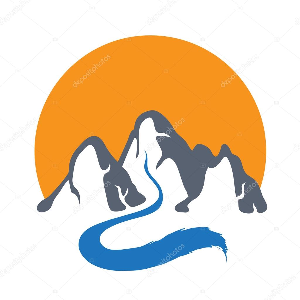 Mountain river or stream and sun logo, vector icon illustration.
