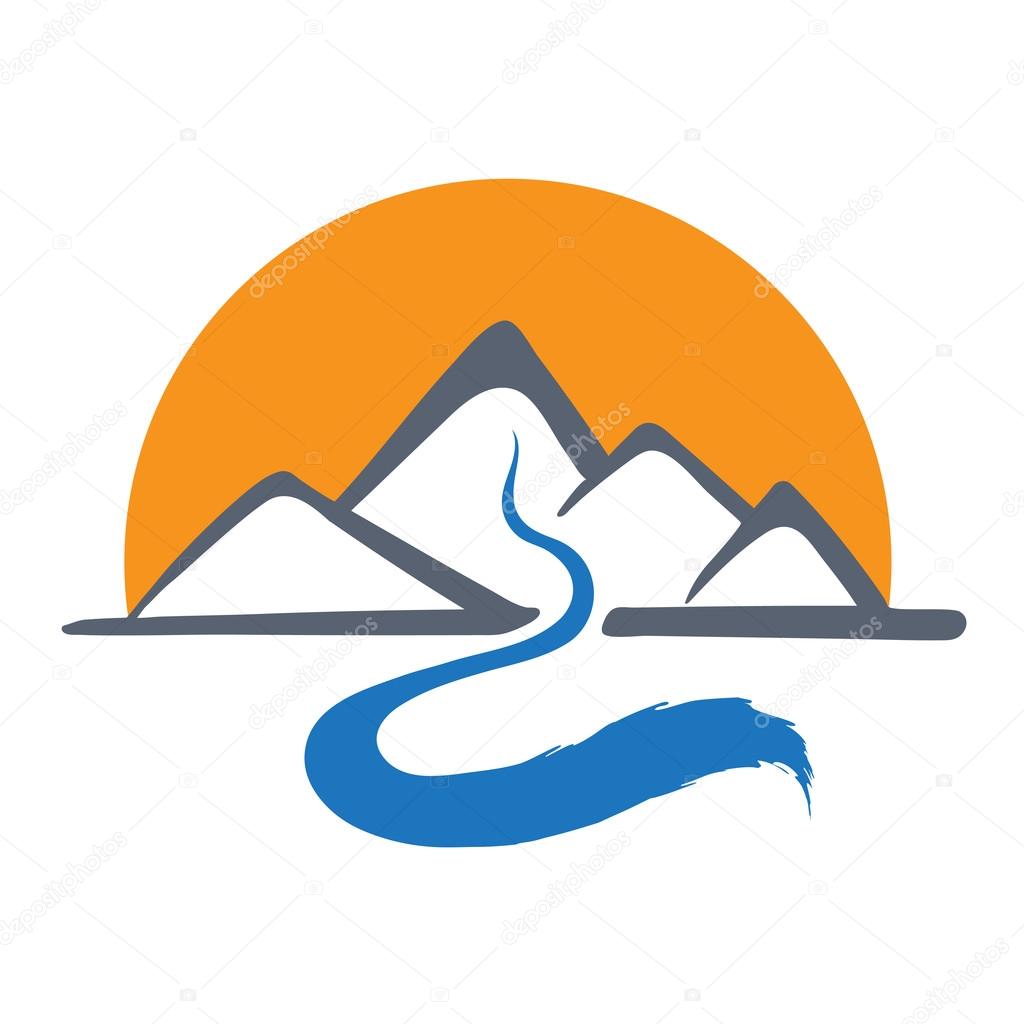 Mountain river or stream and sun logo, vector icon illustration.