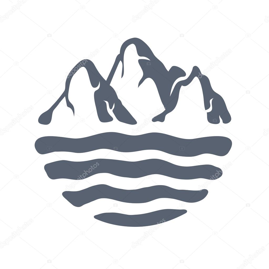 Mountain range or island over a lake, sea or ocean, outdoor logo vector illustration.