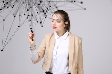 Dünya çapında ağ veya kablosuz Internet bağlantısı fütüristik konsept. Bağlantılı noktalar ile çalışan kadın.