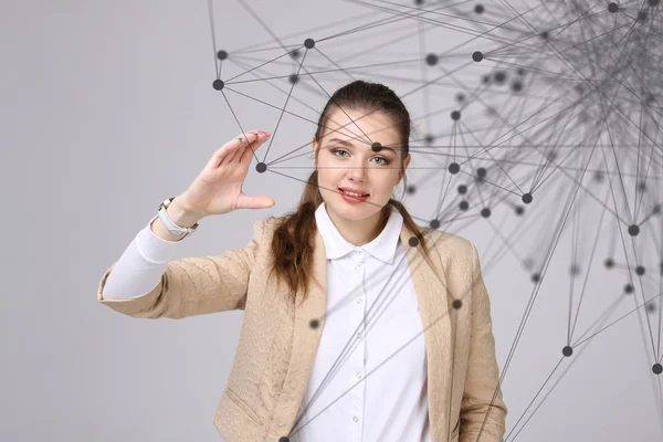 Rede mundial ou conexão de internet sem fio conceito futurista. Mulher trabalhando com pontos ligados . — Fotografia de Stock