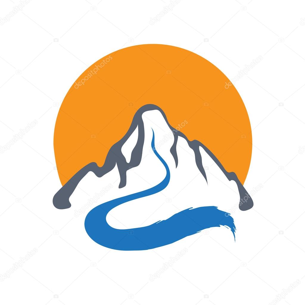 Mountain river or stream and sun logo, vector icon illustration.