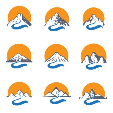 Dağ nehir ve güneş, vektör logosu set çizim.