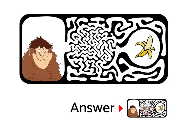Labirynt puzzle dla dzieci z małpy i bananów. Labirynt ilustracja, rozwiązanie zawarte. — Wektor stockowy