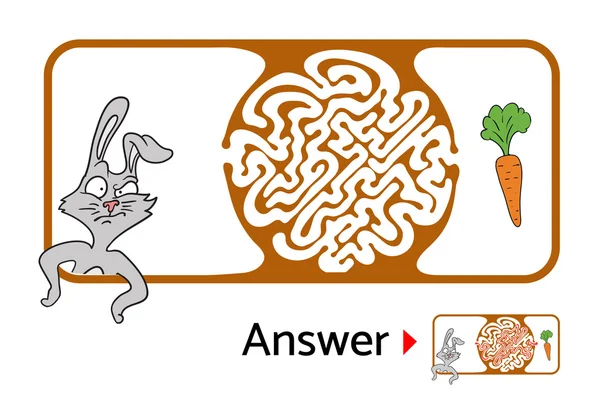 Labyrinth-Puzzle für Kinder mit Kaninchen und Karotte. Labyrinthillustration, Lösung inklusive. — Stockvektor