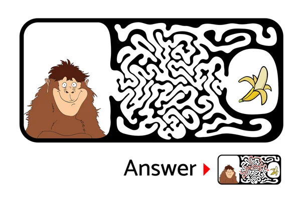 Bludiště puzzle pro děti s opici a banán. Labyrint ilustrace, řešení. — Stockový vektor