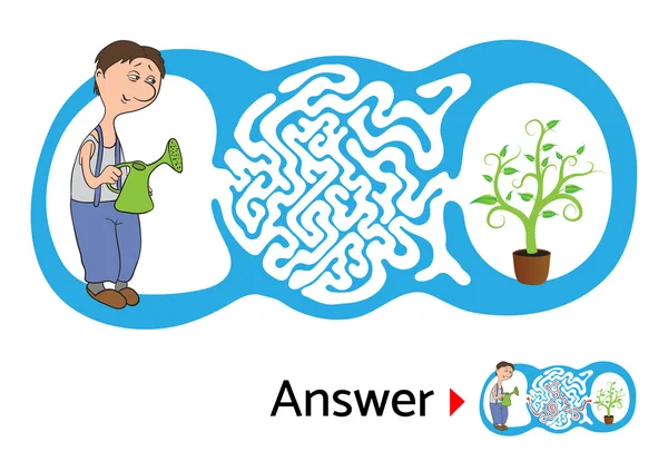 Лабіринт-головоломка для дітей з садівником і квіткою. Лабіринт ілюстрація, рішення включено . — стоковий вектор