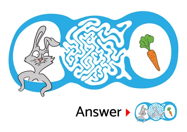 Laberinto rompecabezas para niños con conejo y zanahoria. Laberinto ilustración, solución incluida . — Archivo Imágenes Vectoriales
