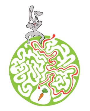 Labirent puzzle için çocuklar tavşan ve havuç ile. Labirent illüstrasyon, dahil çözüm.