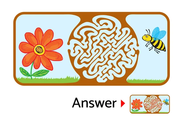 Labyrinth-Rätsel für Kinder mit Biene und Blume. Labyrinthillustration, Lösung inklusive. — Stockvektor