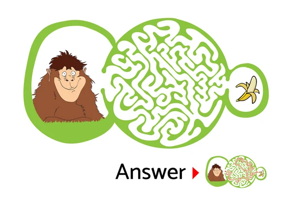 Maze puzzle for kids with monkey and banana. Labyrinth illustration, solution included. — Stock Vector