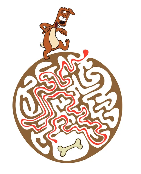 Maze puzzle for kids with dog and bone. Labyrinth illustration, solution included. — Stock Vector