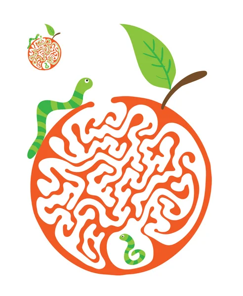 Labyrint pussel för barn med larver och äpple. Labyrint illustration, lösning ingår. — Stock vektor