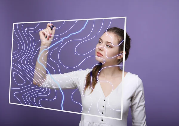 Geographic information systems concept, woman scientist working with futuristic GIS interface on a transparent screen. — Stock Photo, Image